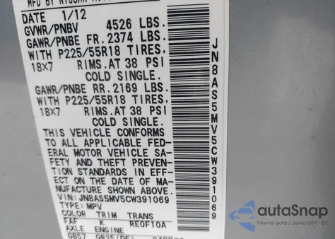 2012 Nissan Rogue Sv W/Sl Pkg from USA, damaged, VIN JN8AS5MV5CW391069